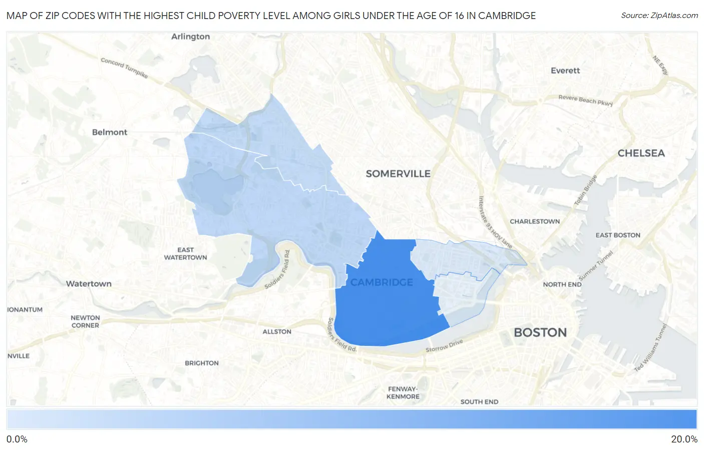 Zip Codes with the Highest Child Poverty Level Among Girls Under the Age of 16 in Cambridge Map