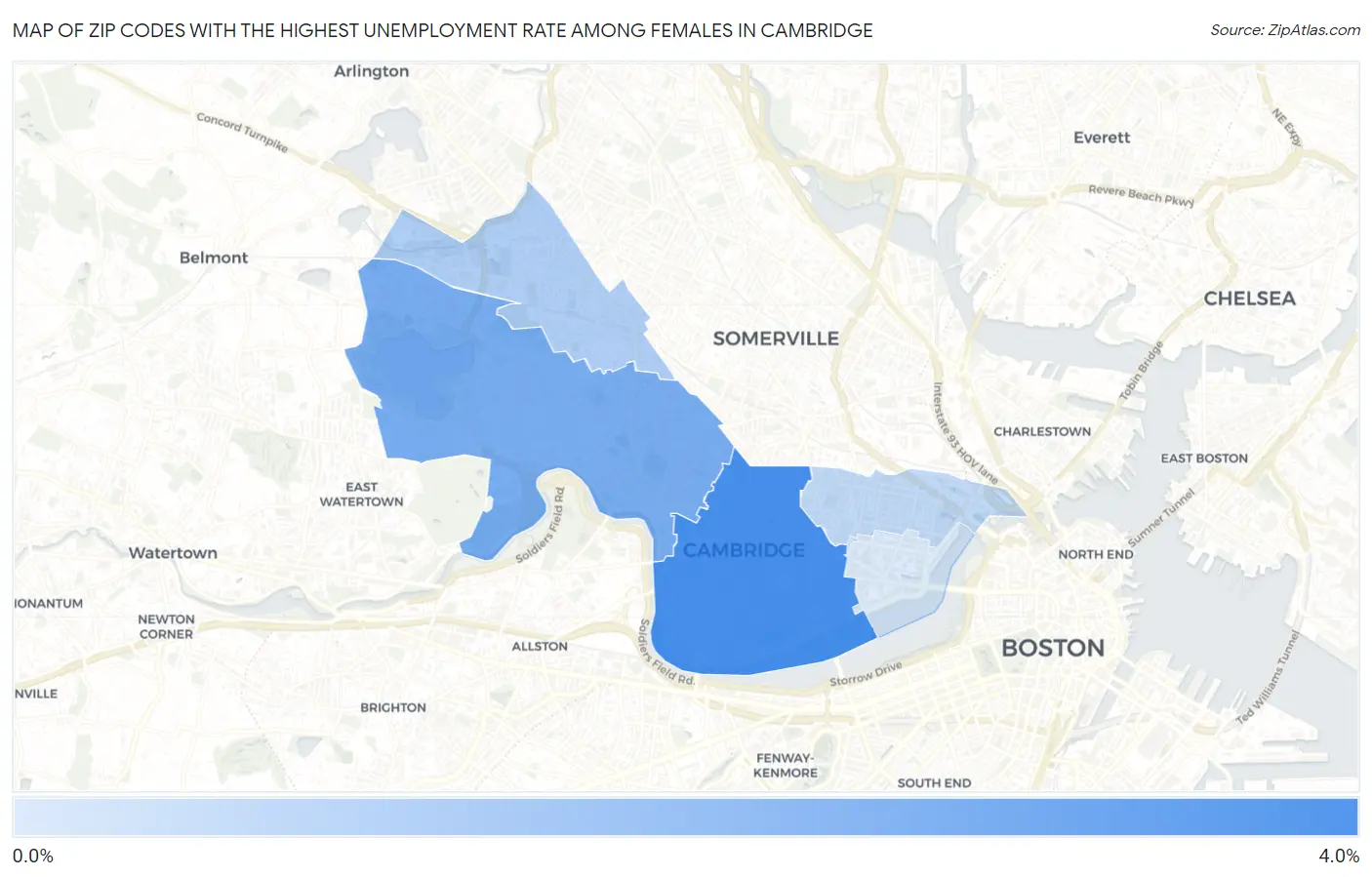 Zip Codes with the Highest Unemployment Rate Among Females in Cambridge Map