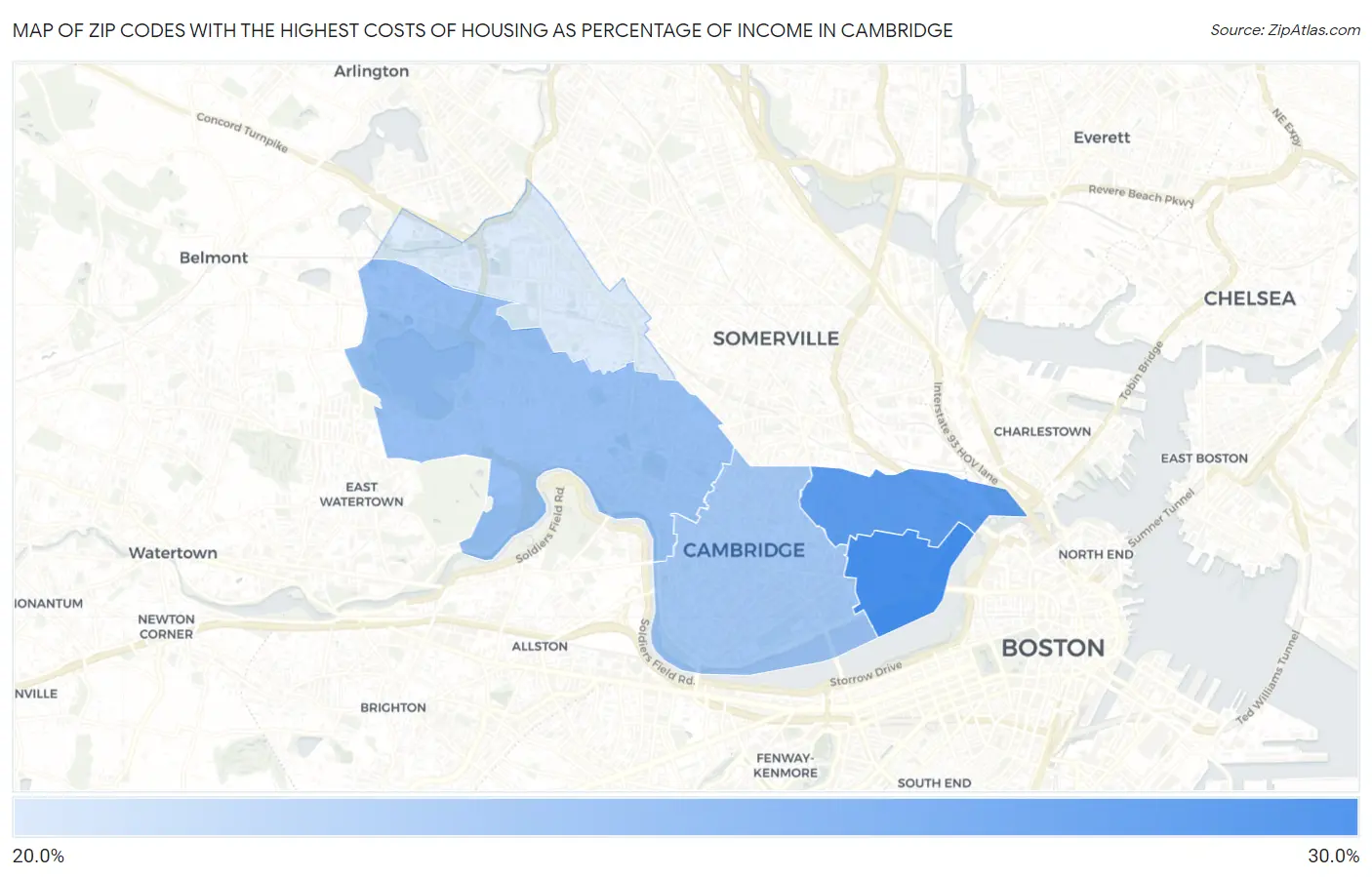 Zip Codes with the Highest Costs of Housing as Percentage of Income in Cambridge Map