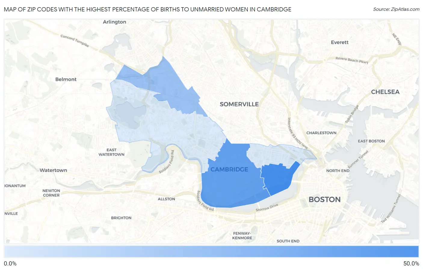 Zip Codes with the Highest Percentage of Births to Unmarried Women in Cambridge Map