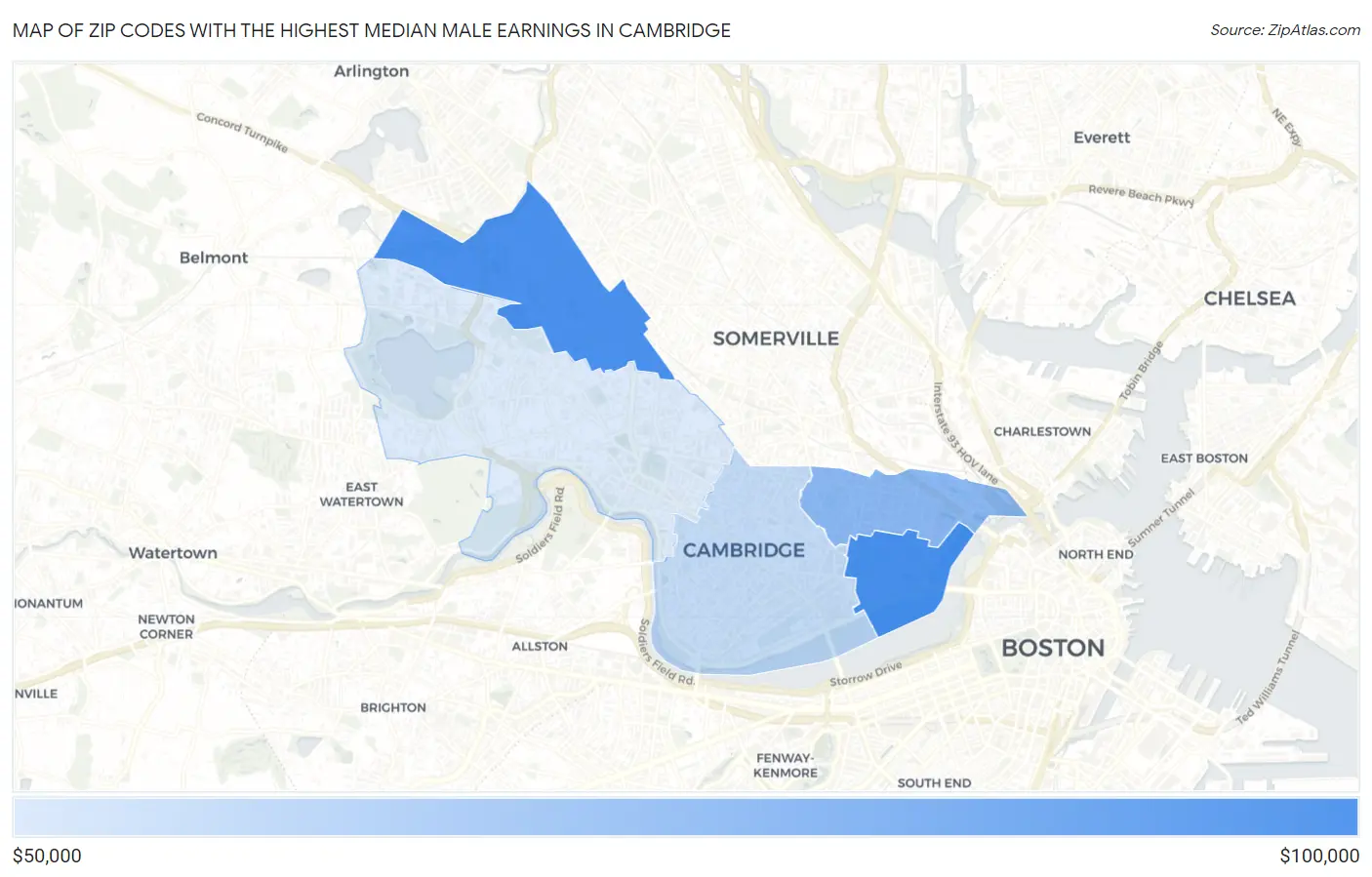Zip Codes with the Highest Median Male Earnings in Cambridge Map