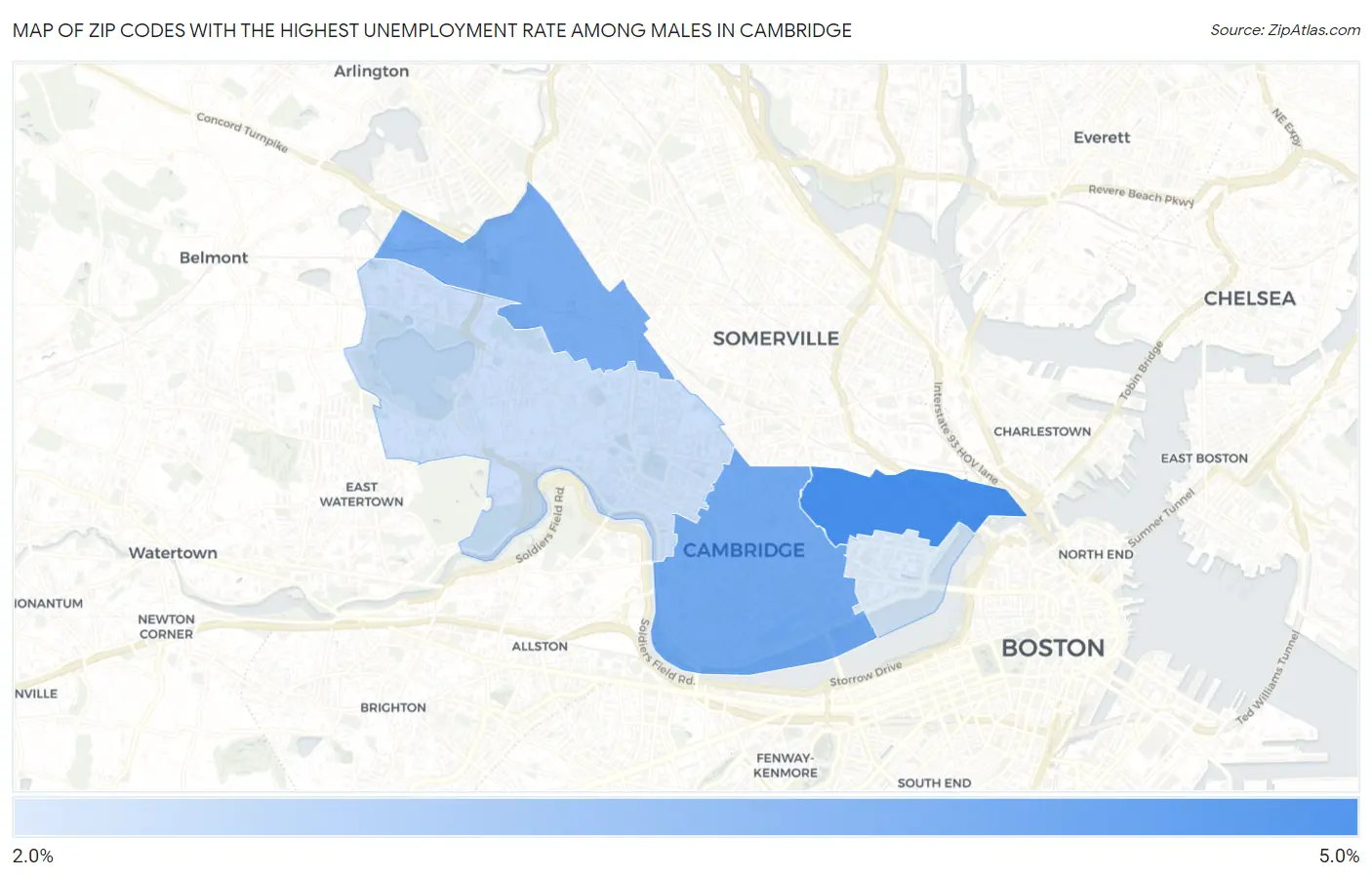 Zip Codes with the Highest Unemployment Rate Among Males in Cambridge Map