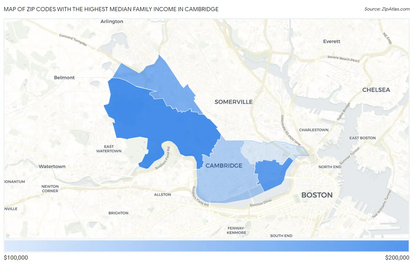 Zip Codes with the Highest Median Family Income in Cambridge Map