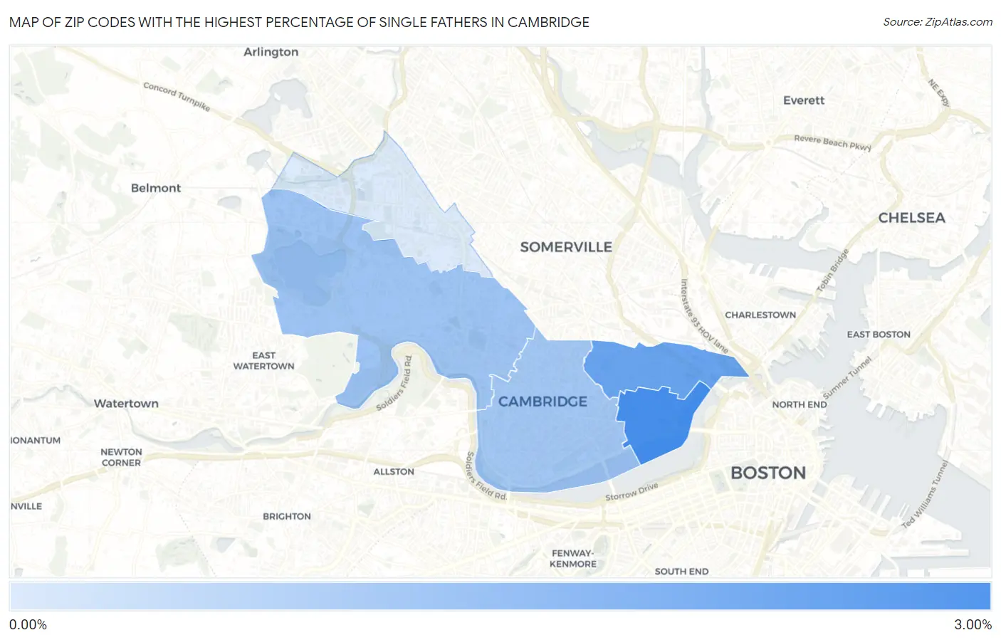 Zip Codes with the Highest Percentage of Single Fathers in Cambridge Map