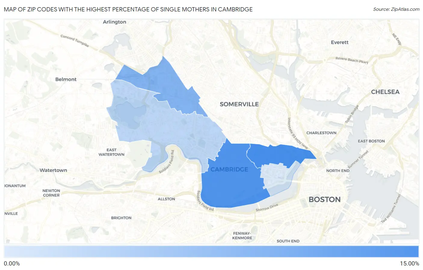 Zip Codes with the Highest Percentage of Single Mothers in Cambridge Map