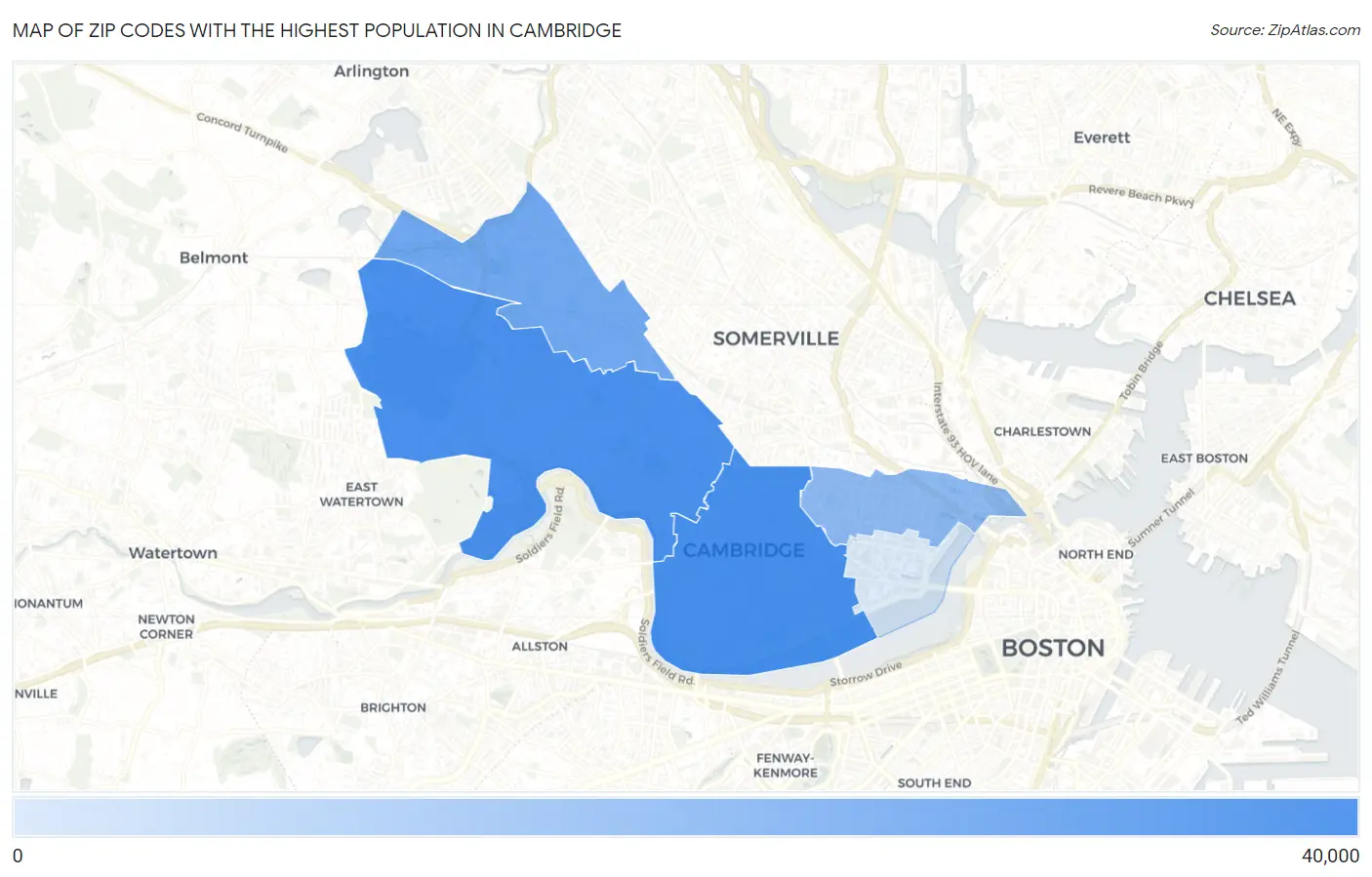 Zip Codes with the Highest Population in Cambridge Map