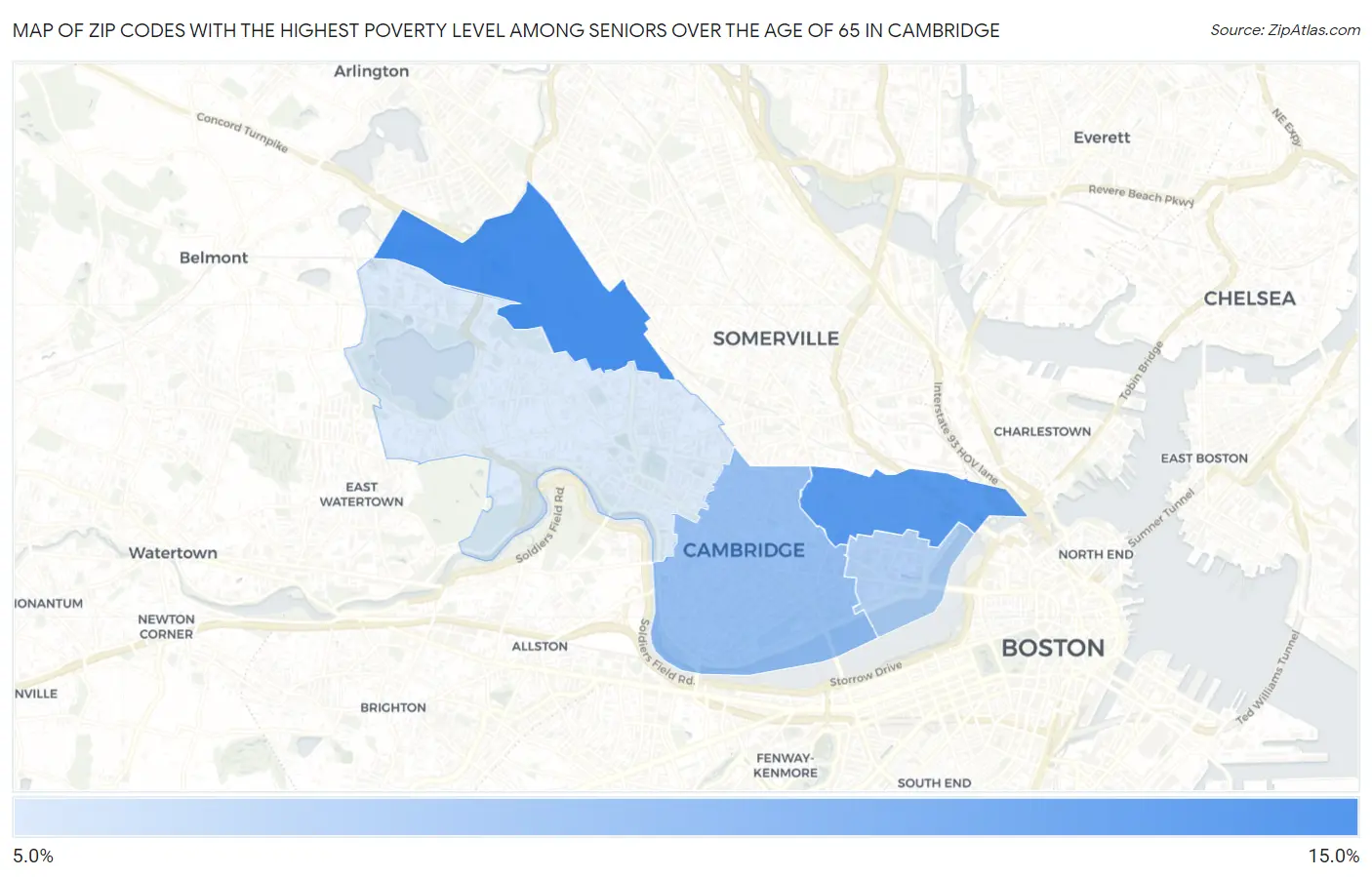 Zip Codes with the Highest Poverty Level Among Seniors Over the Age of 65 in Cambridge Map