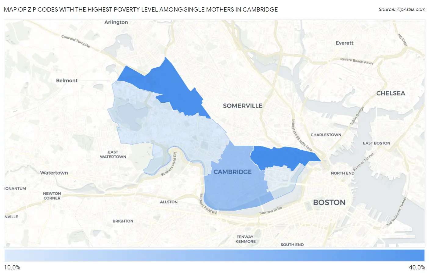 Zip Codes with the Highest Poverty Level Among Single Mothers in Cambridge Map