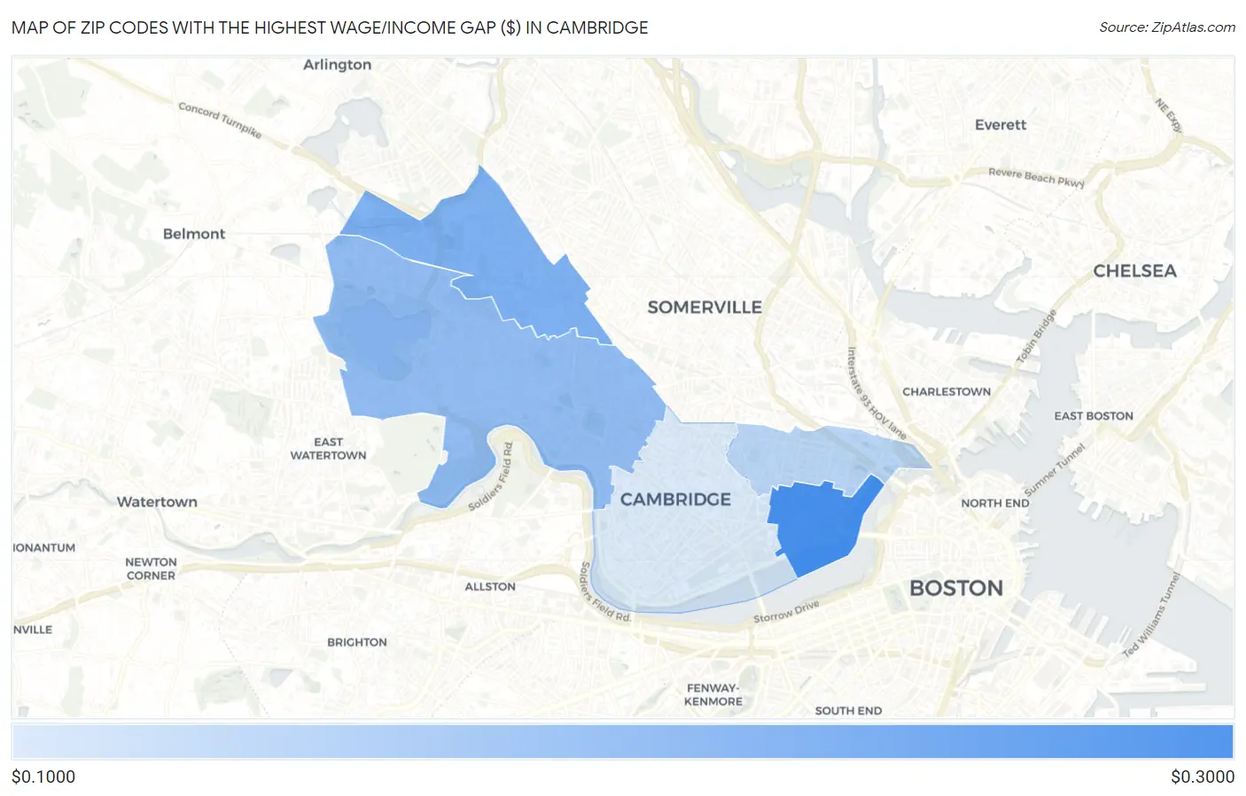 Zip Codes with the Highest Wage/Income Gap ($) in Cambridge Map
