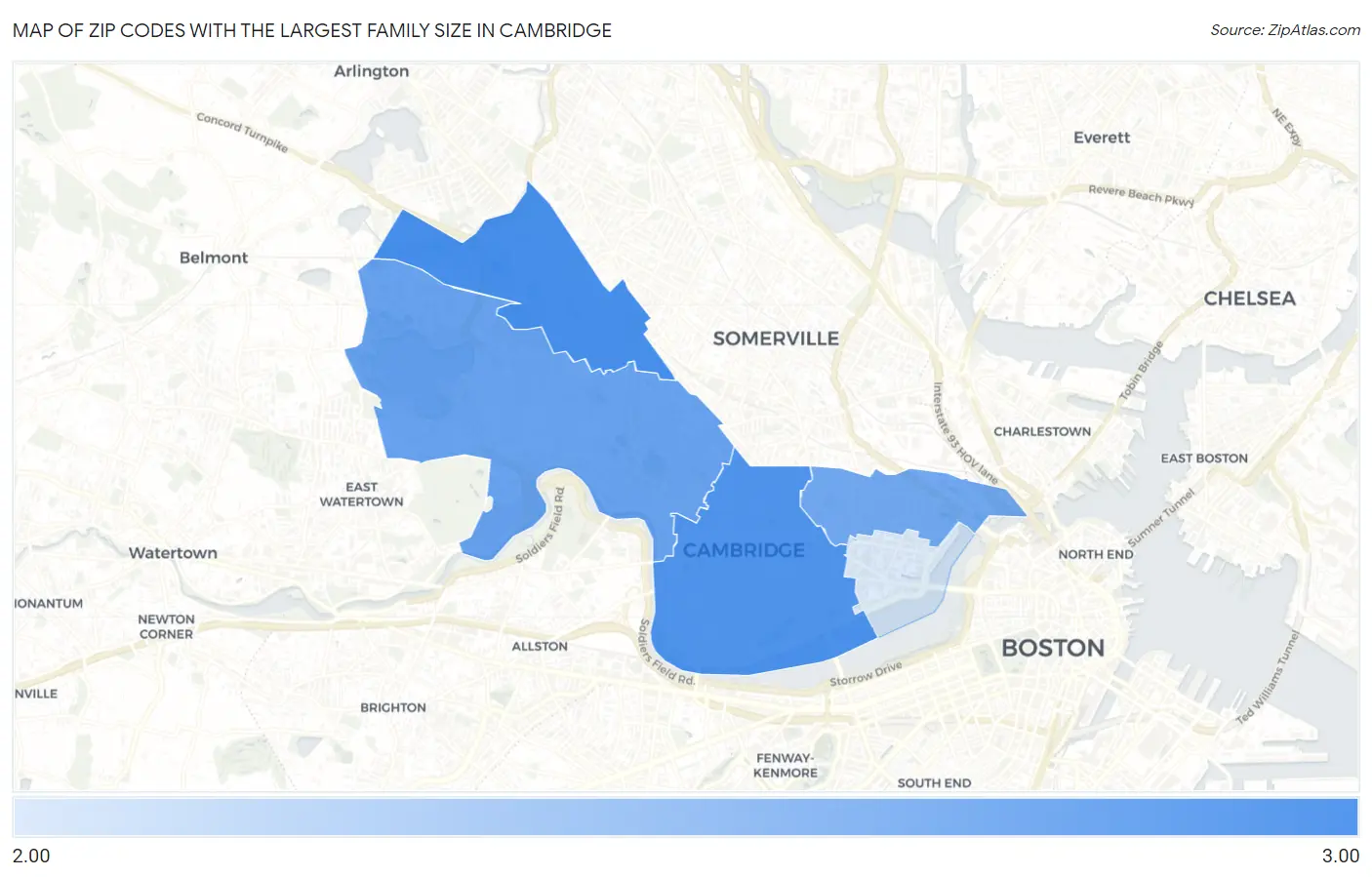 Zip Codes with the Largest Family Size in Cambridge Map