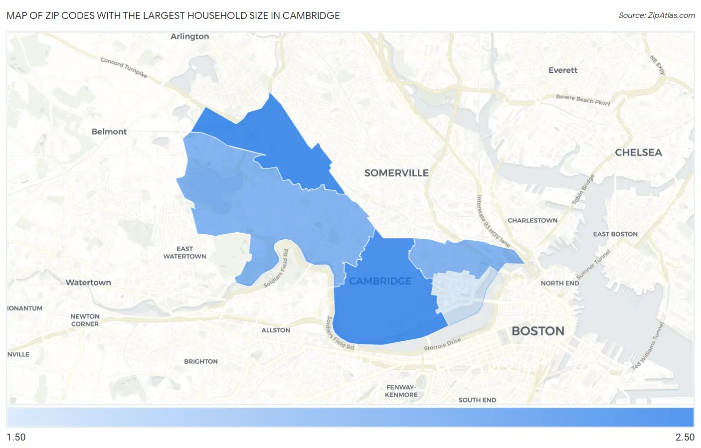 Zip Codes with the Largest Household Size in Cambridge Map