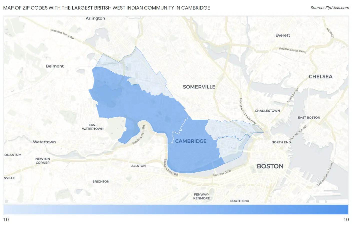 Zip Codes with the Largest British West Indian Community in Cambridge Map