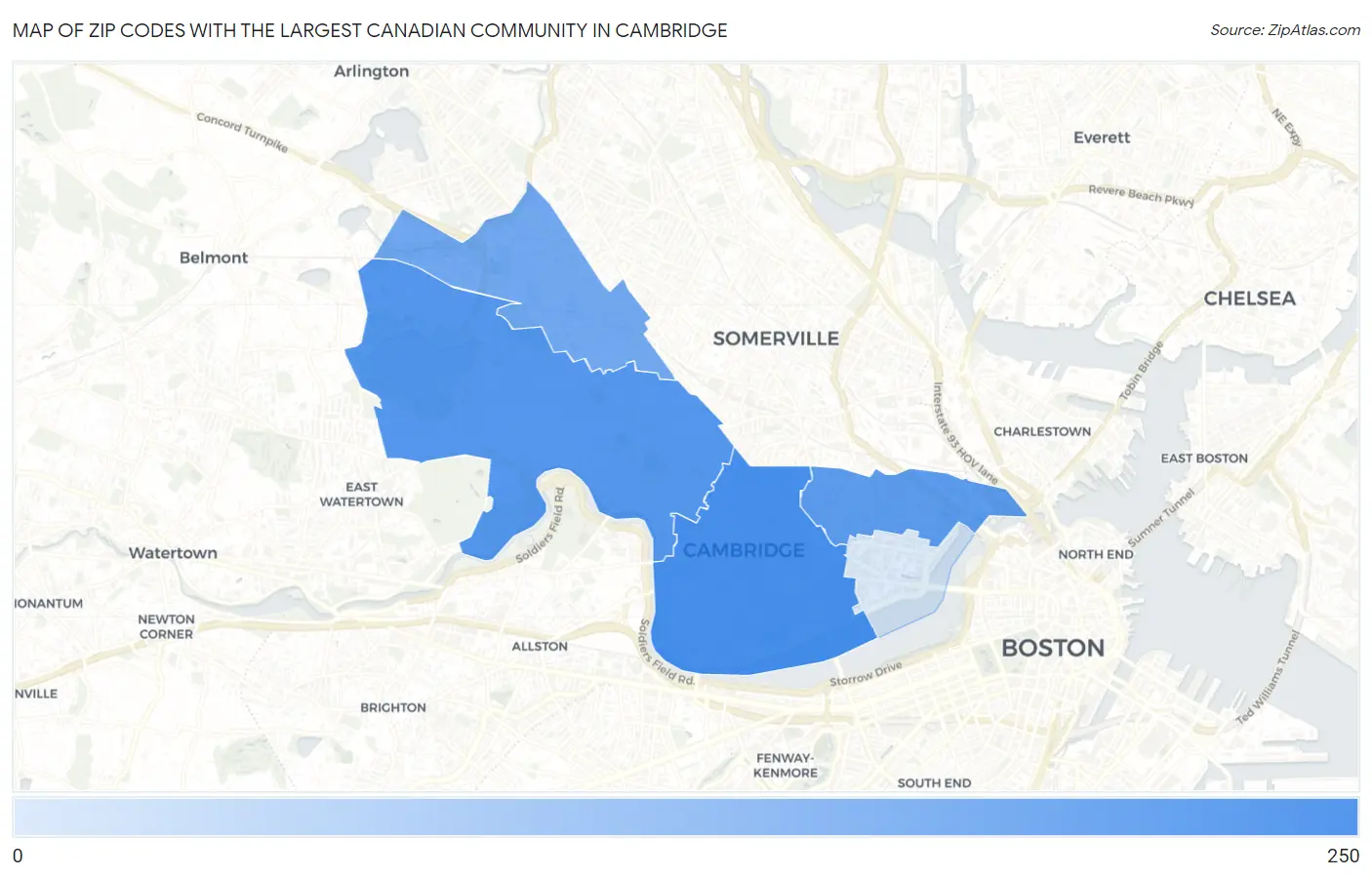 Zip Codes with the Largest Canadian Community in Cambridge Map