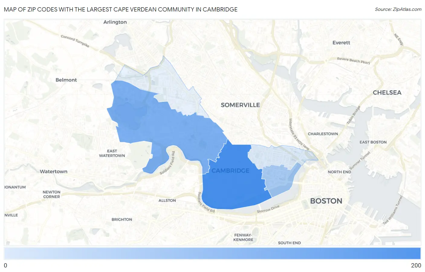 Zip Codes with the Largest Cape Verdean Community in Cambridge Map