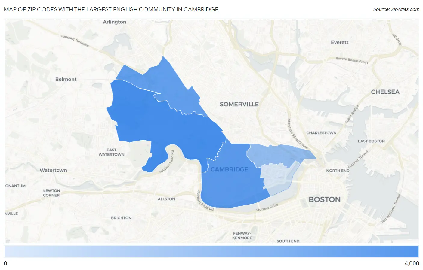 Zip Codes with the Largest English Community in Cambridge Map