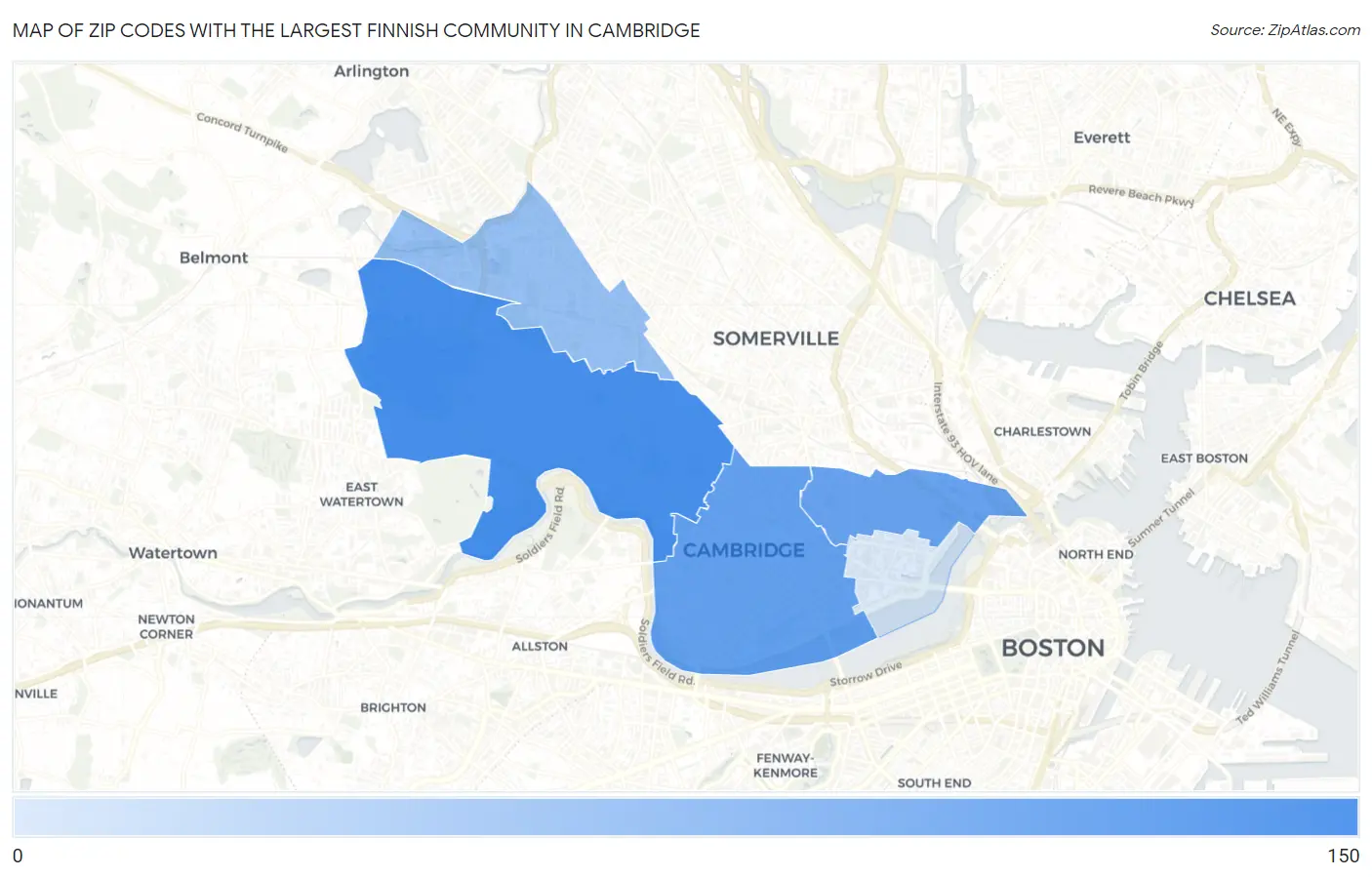 Zip Codes with the Largest Finnish Community in Cambridge Map