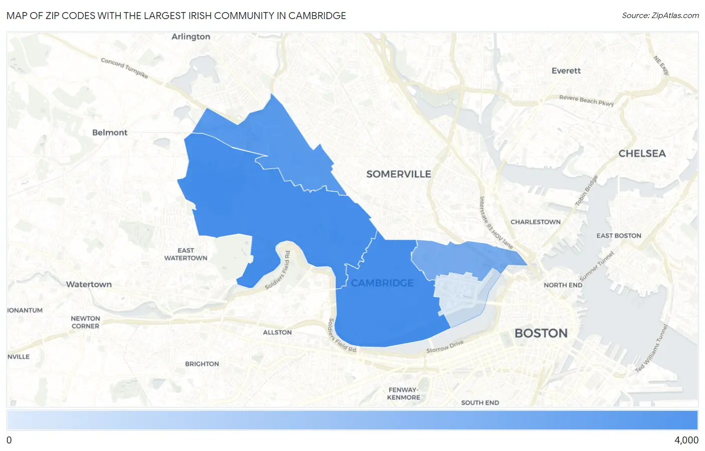 Zip Codes with the Largest Irish Community in Cambridge Map