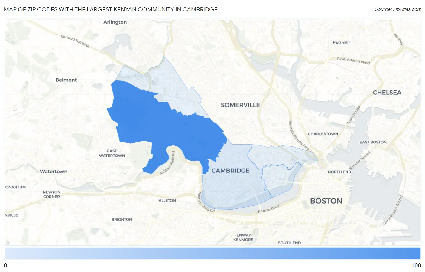 Zip Codes with the Largest Kenyan Community in Cambridge Map