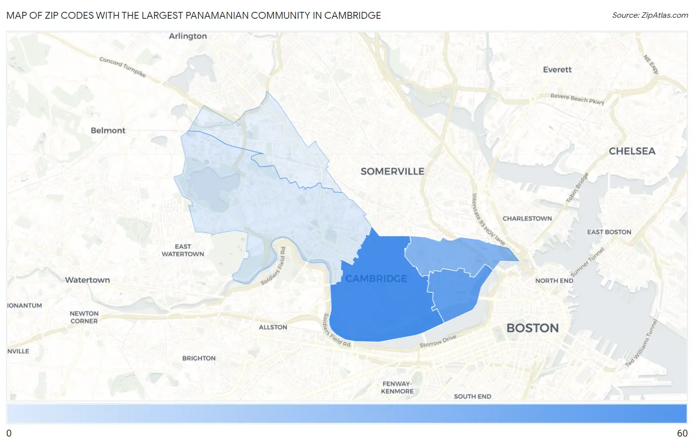 Zip Codes with the Largest Panamanian Community in Cambridge Map