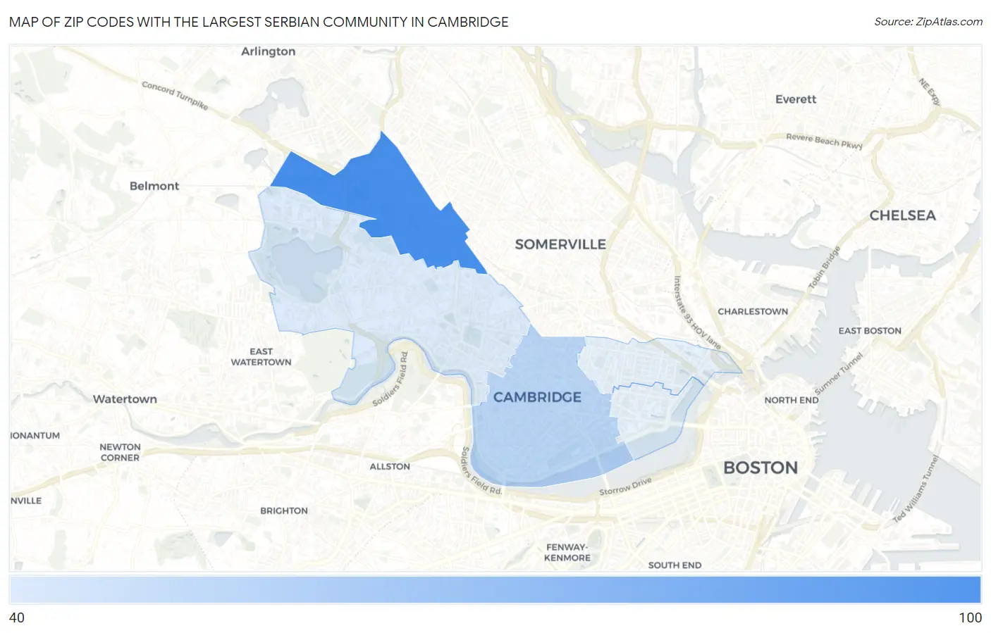 Zip Codes with the Largest Serbian Community in Cambridge Map