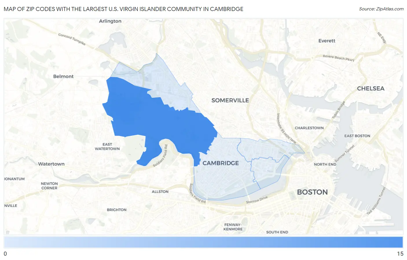 Zip Codes with the Largest U.S. Virgin Islander Community in Cambridge Map