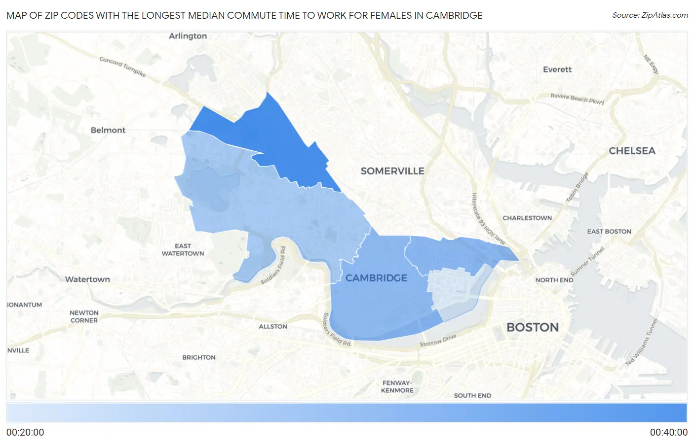 Zip Codes with the Longest Median Commute Time to Work for Females in Cambridge Map