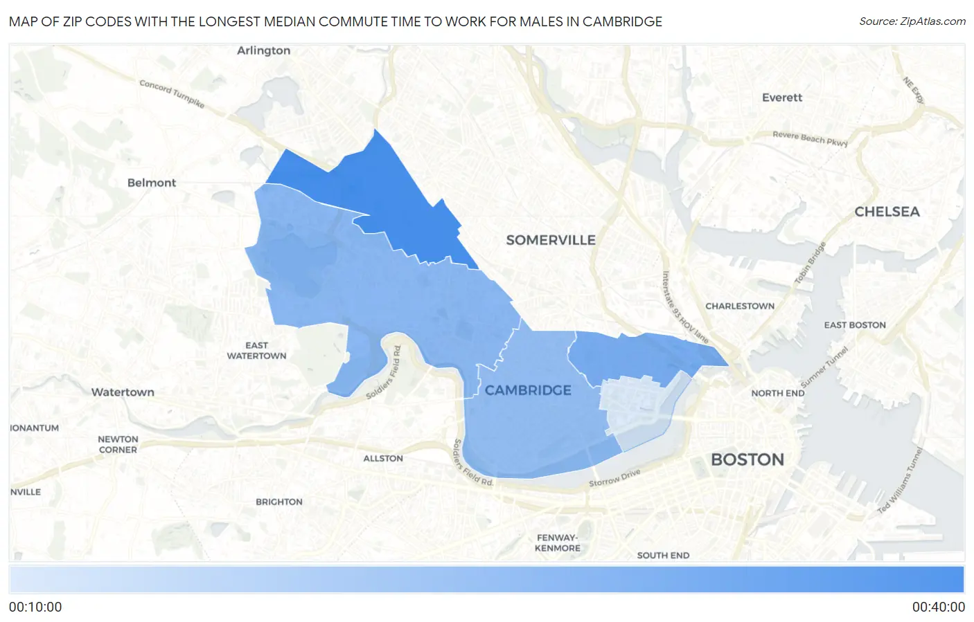 Zip Codes with the Longest Median Commute Time to Work for Males in Cambridge Map