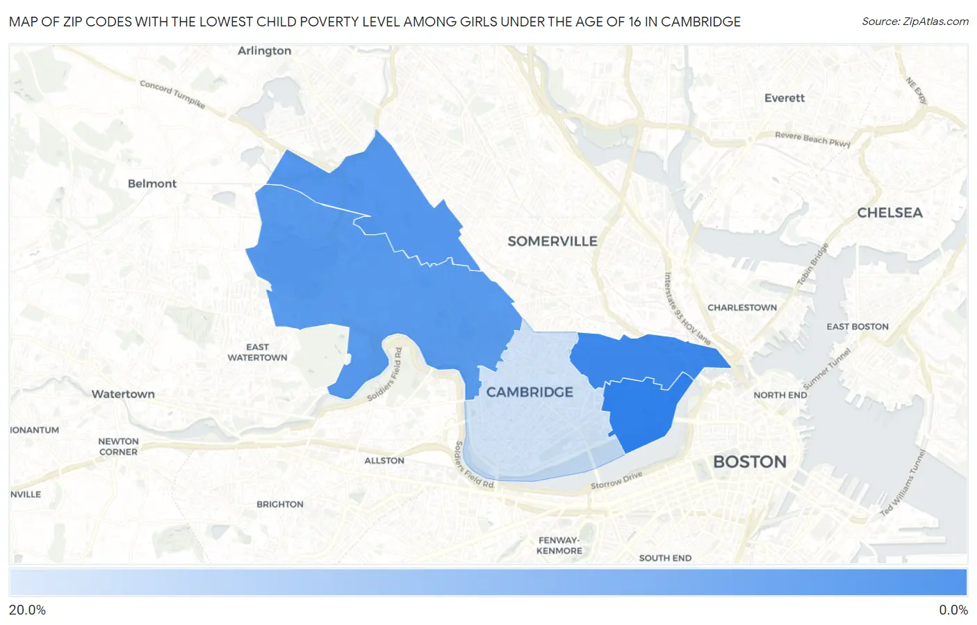Zip Codes with the Lowest Child Poverty Level Among Girls Under the Age of 16 in Cambridge Map