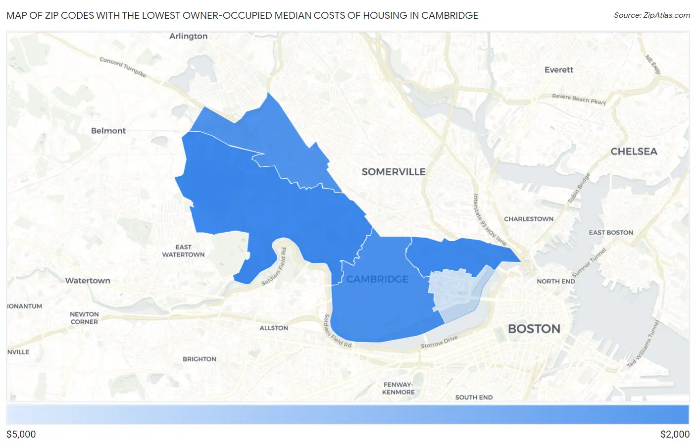 Zip Codes with the Lowest Owner-Occupied Median Costs of Housing in Cambridge Map
