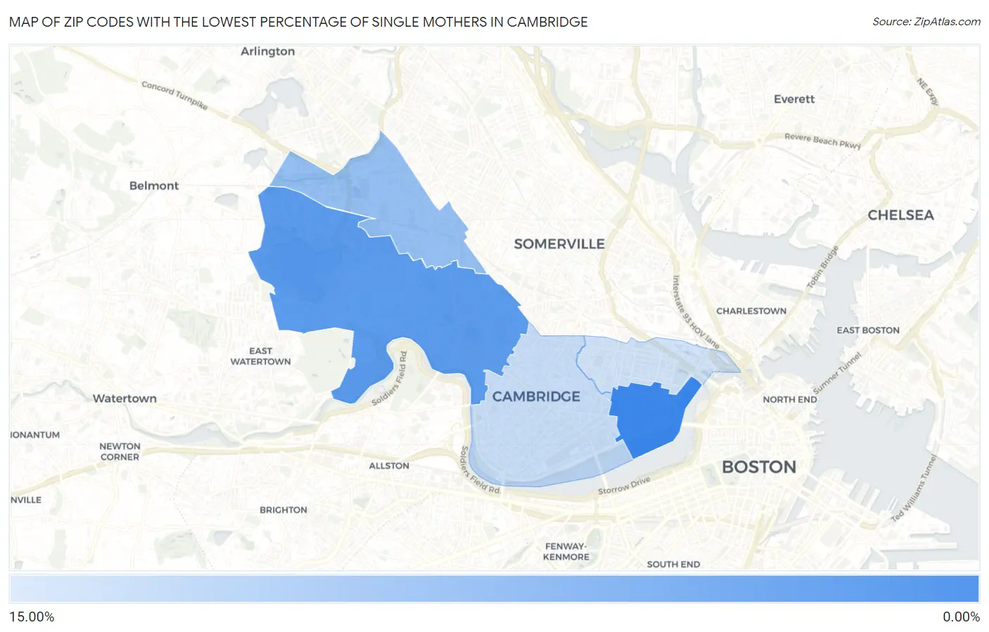 Zip Codes with the Lowest Percentage of Single Mothers in Cambridge Map