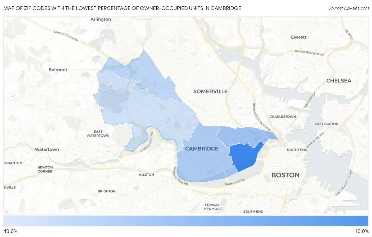Zip Codes with the Lowest Percentage of Owner-Occupied Units in Cambridge Map