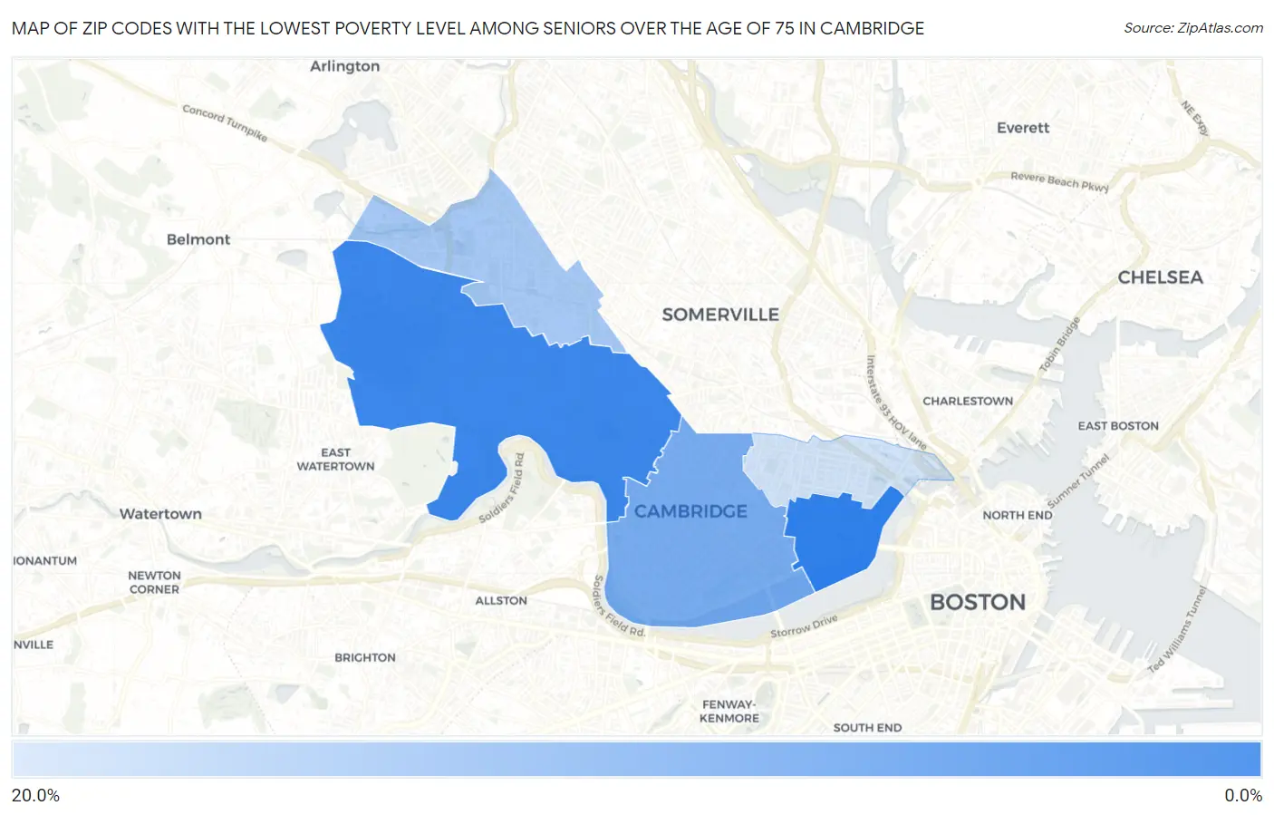 Zip Codes with the Lowest Poverty Level Among Seniors Over the Age of 75 in Cambridge Map