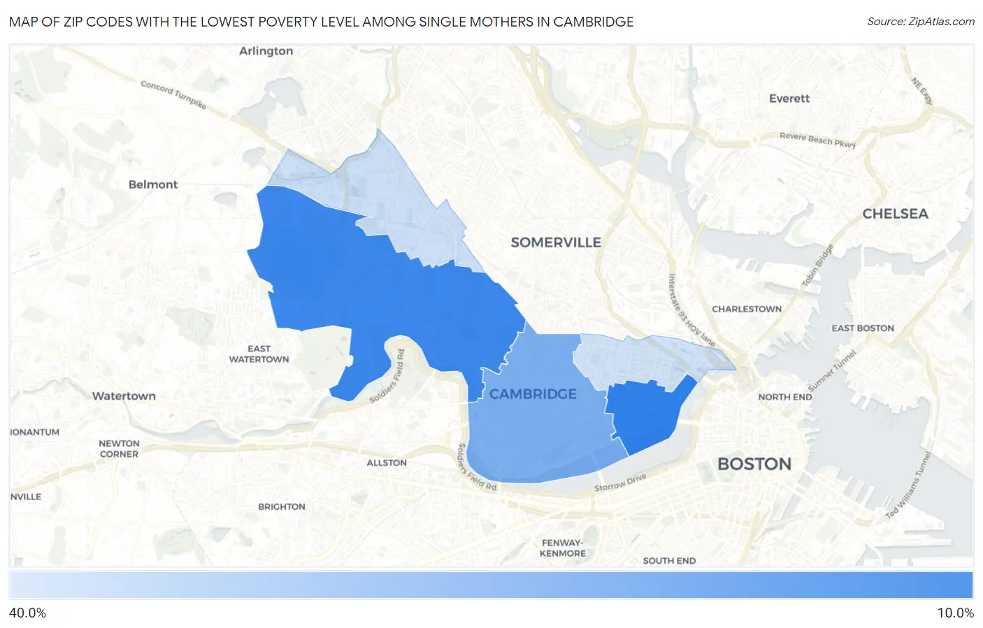 Zip Codes with the Lowest Poverty Level Among Single Mothers in Cambridge Map