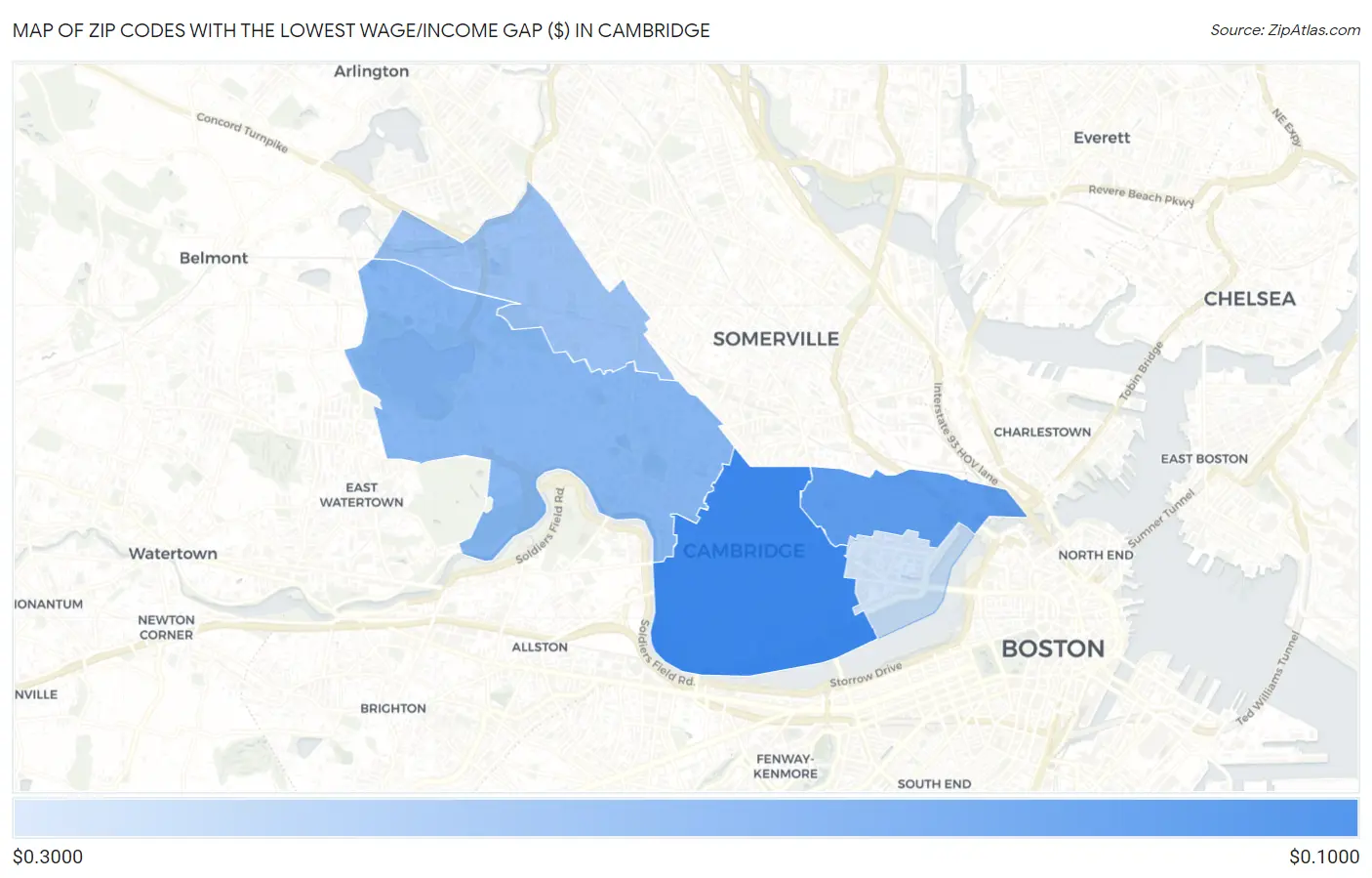 Zip Codes with the Lowest Wage/Income Gap ($) in Cambridge Map