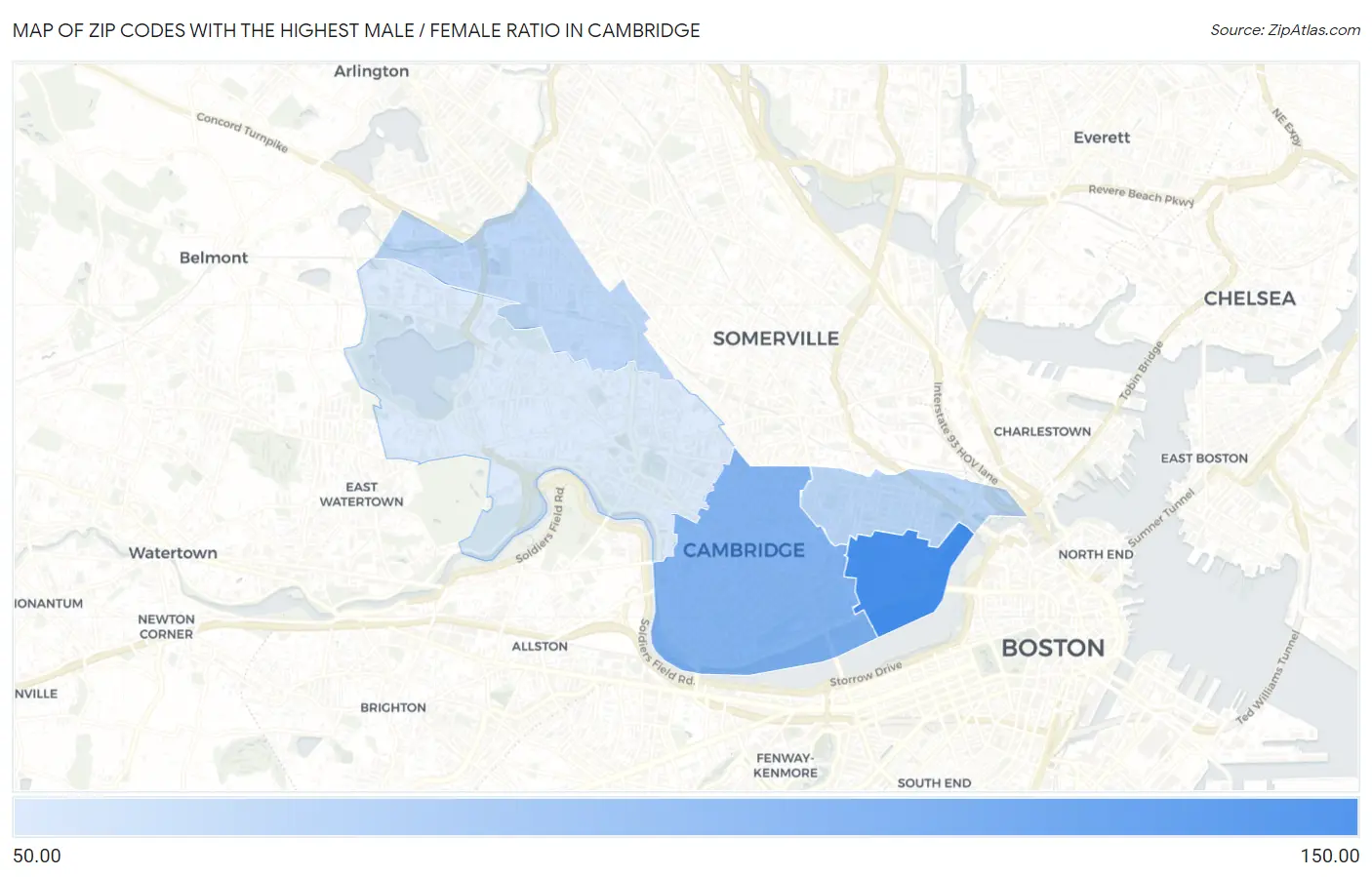 Zip Codes with the Highest Male / Female Ratio in Cambridge Map