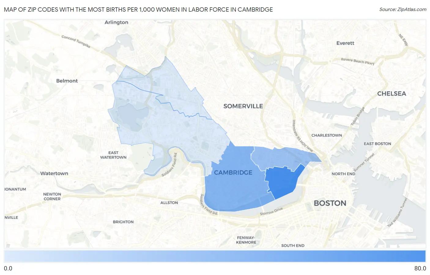 Zip Codes with the Most Births per 1,000 Women in Labor Force in Cambridge Map