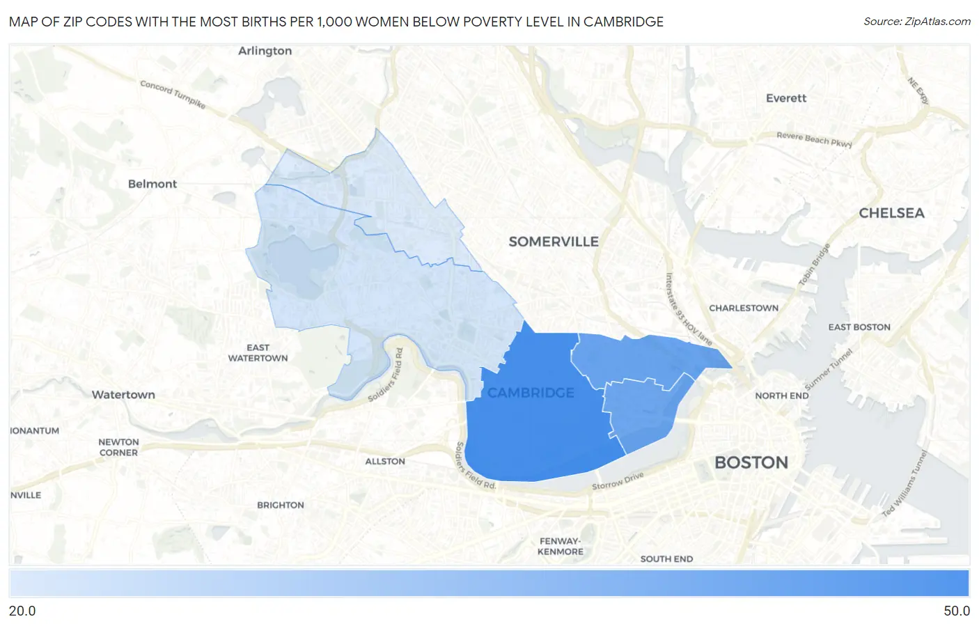 Zip Codes with the Most Births per 1,000 Women Below Poverty Level in Cambridge Map