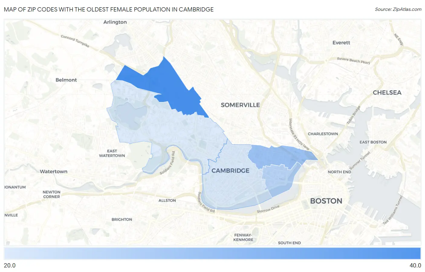 Zip Codes with the Oldest Female Population in Cambridge Map