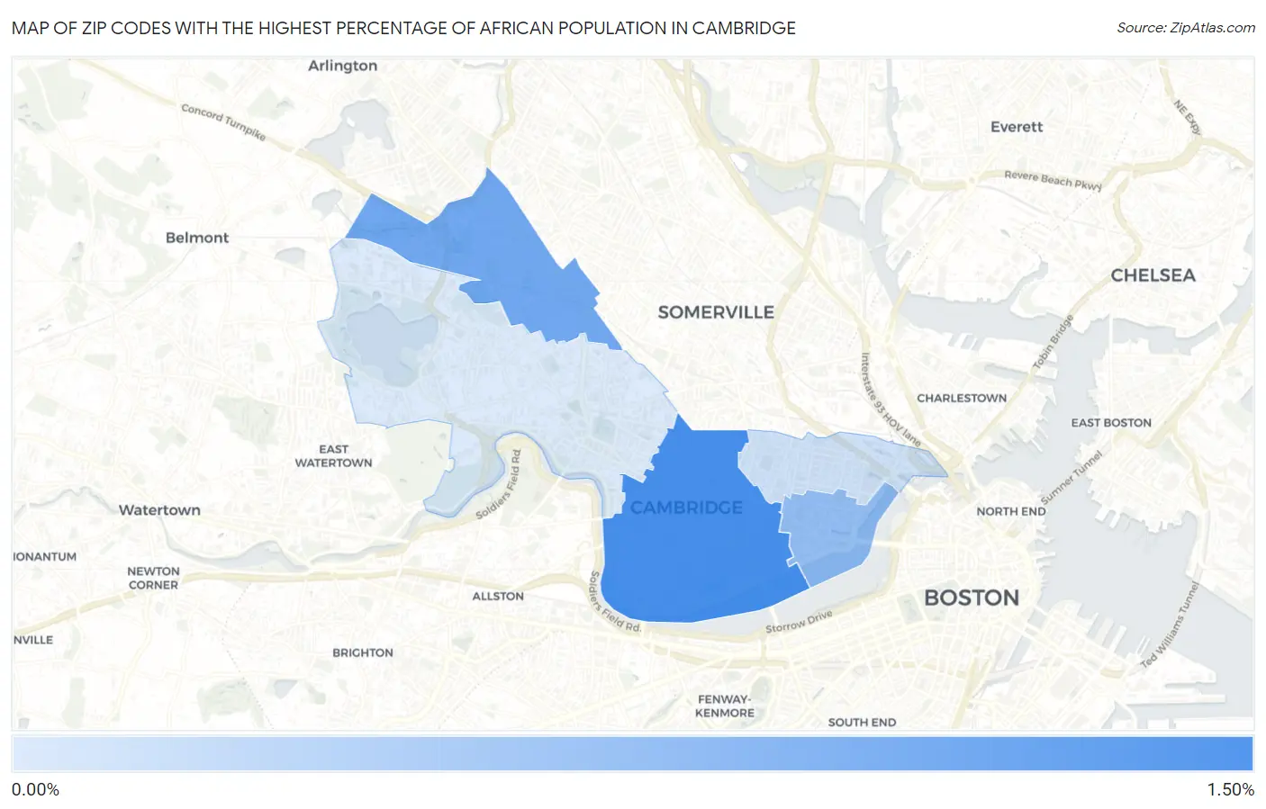 Zip Codes with the Highest Percentage of African Population in Cambridge Map