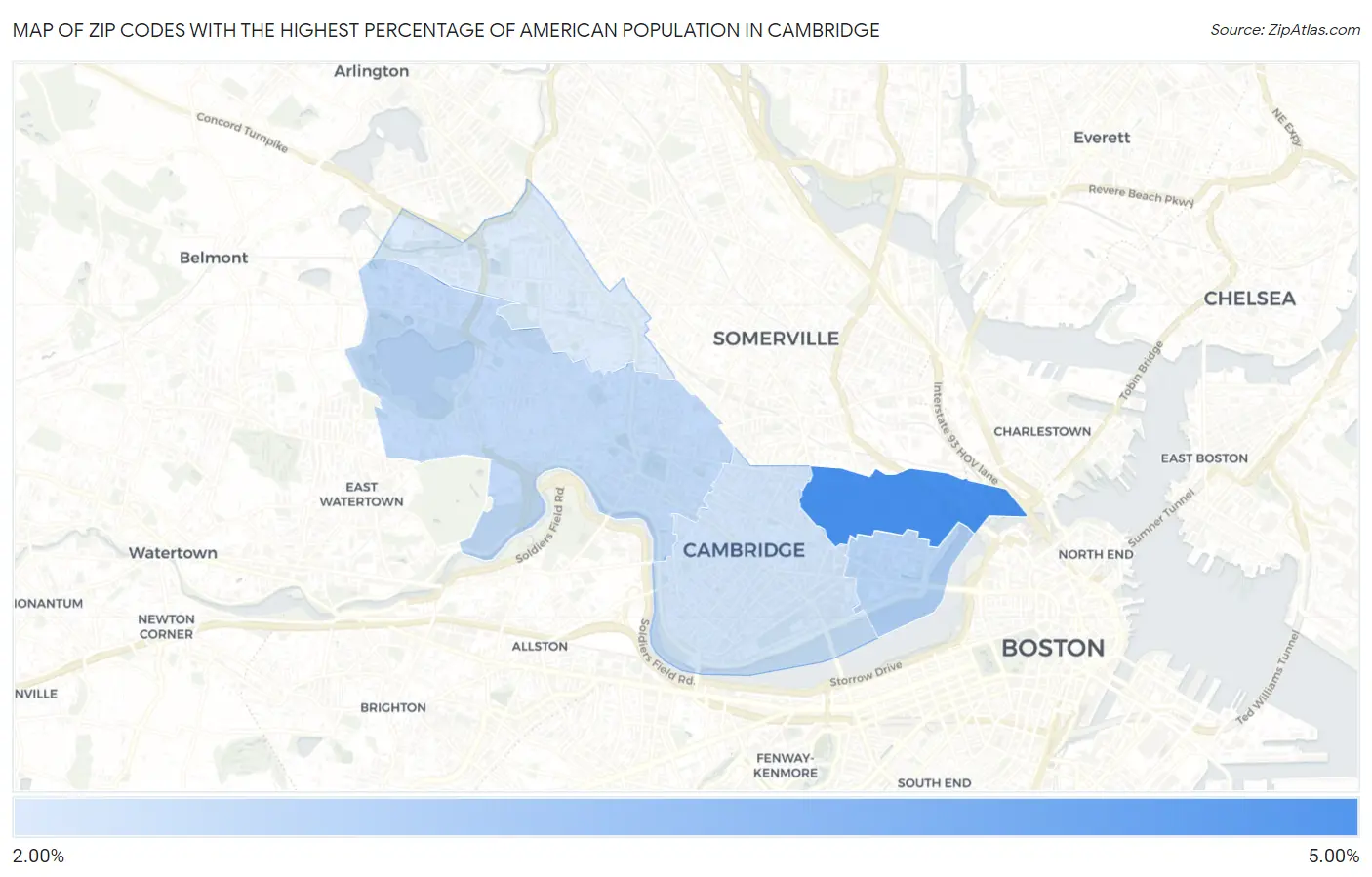 Zip Codes with the Highest Percentage of American Population in Cambridge Map