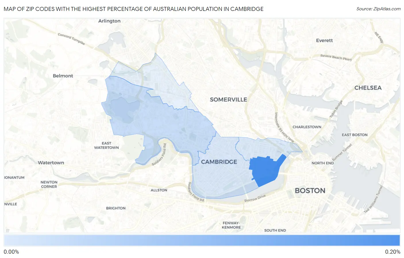 Zip Codes with the Highest Percentage of Australian Population in Cambridge Map