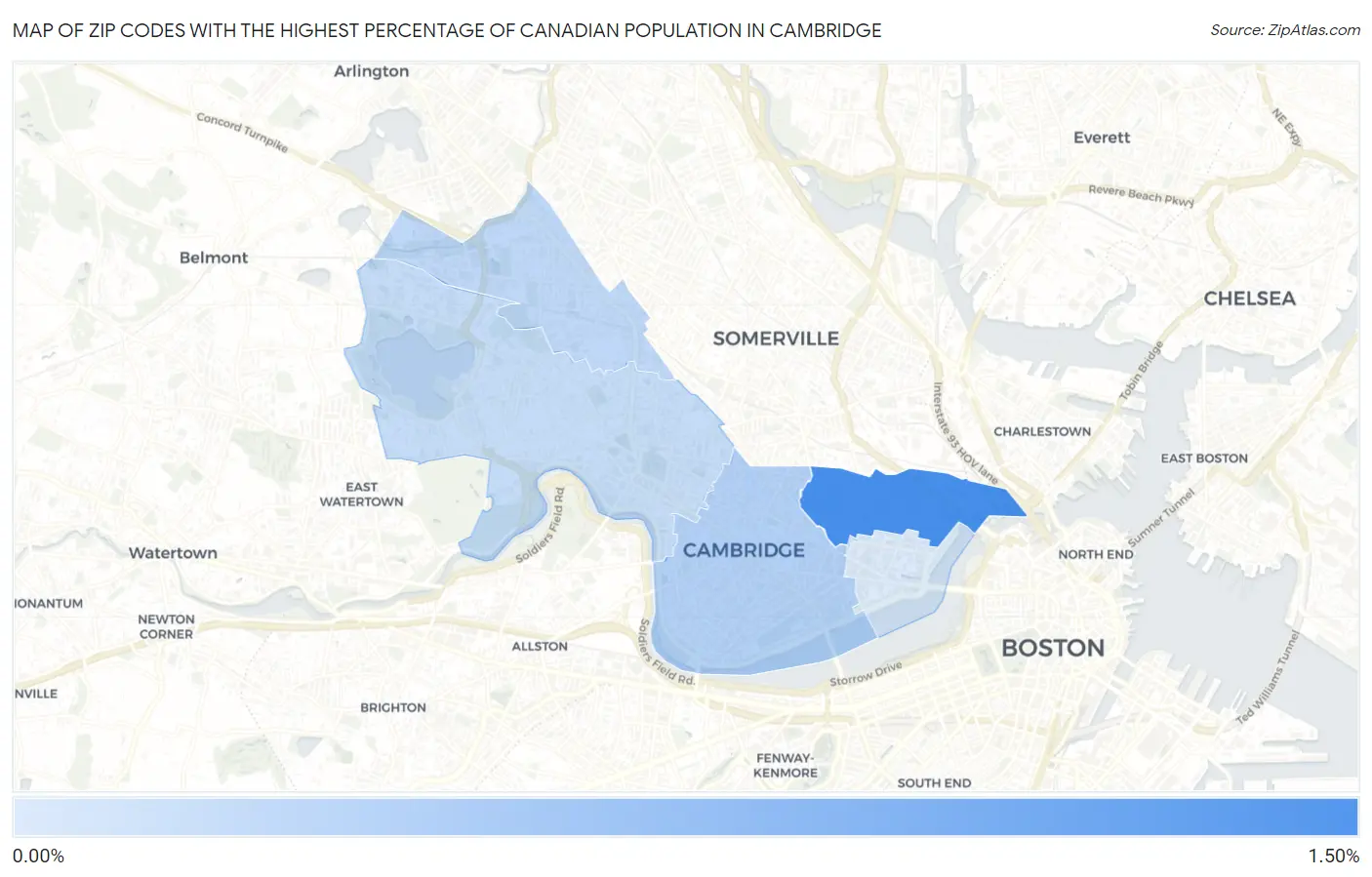 Zip Codes with the Highest Percentage of Canadian Population in Cambridge Map