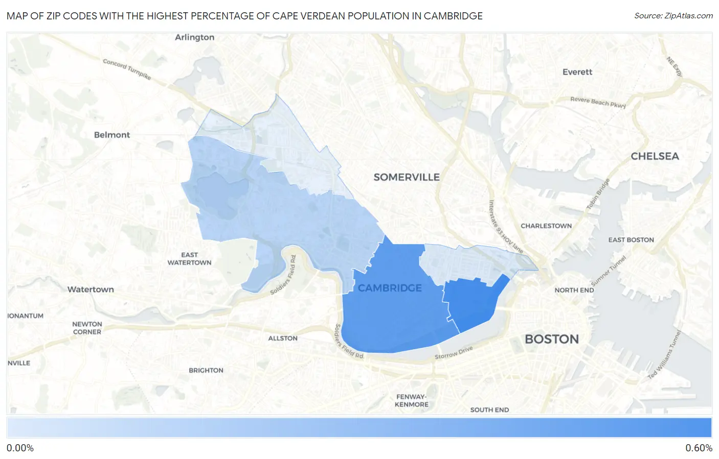 Zip Codes with the Highest Percentage of Cape Verdean Population in Cambridge Map