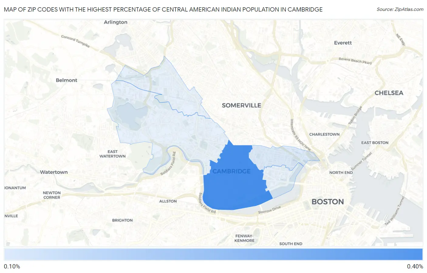 Zip Codes with the Highest Percentage of Central American Indian Population in Cambridge Map