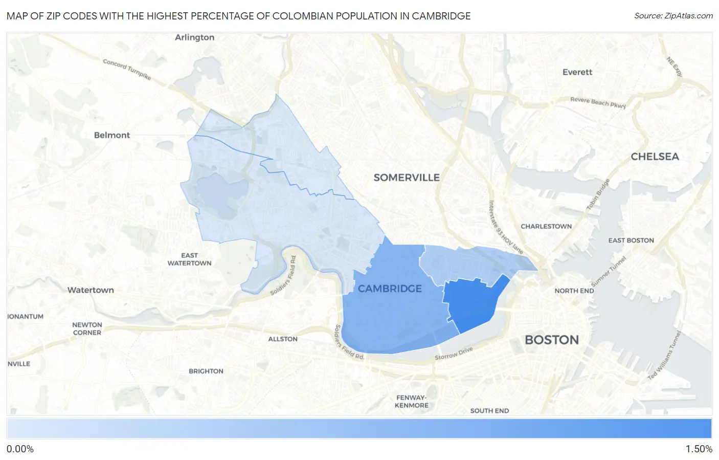 Zip Codes with the Highest Percentage of Colombian Population in Cambridge Map