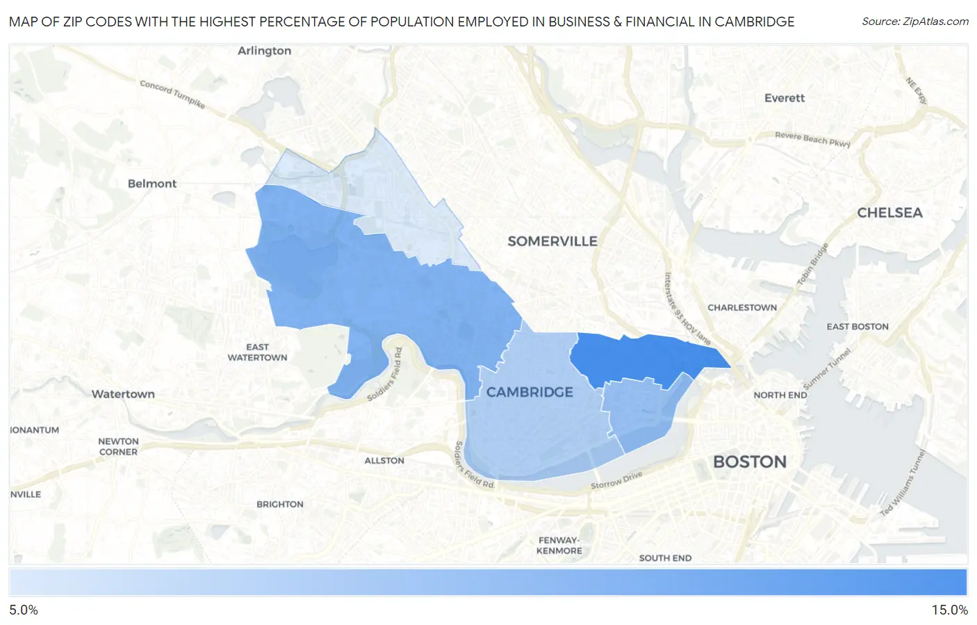 Zip Codes with the Highest Percentage of Population Employed in Business & Financial in Cambridge Map