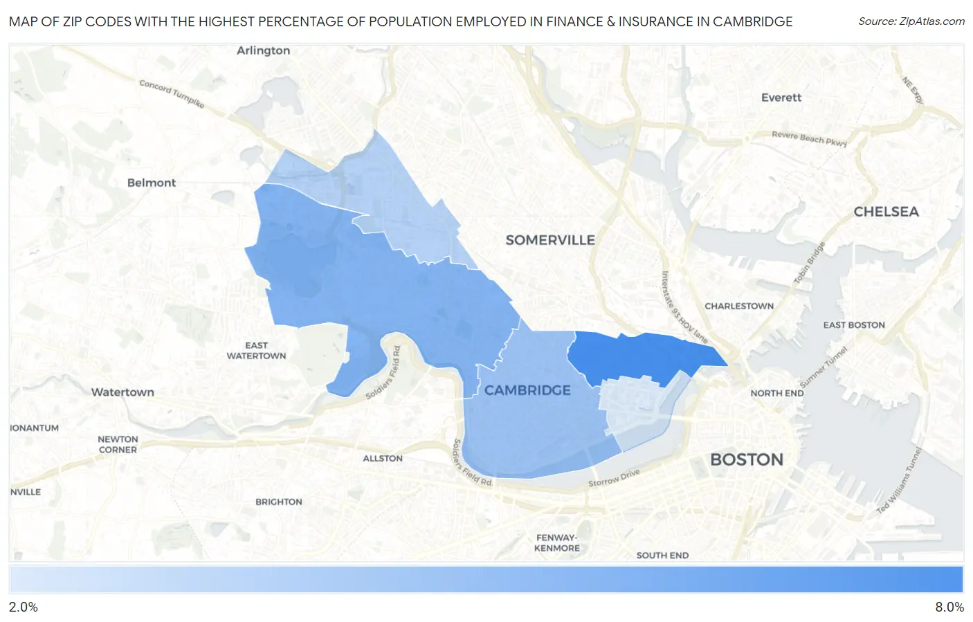 Zip Codes with the Highest Percentage of Population Employed in Finance & Insurance in Cambridge Map