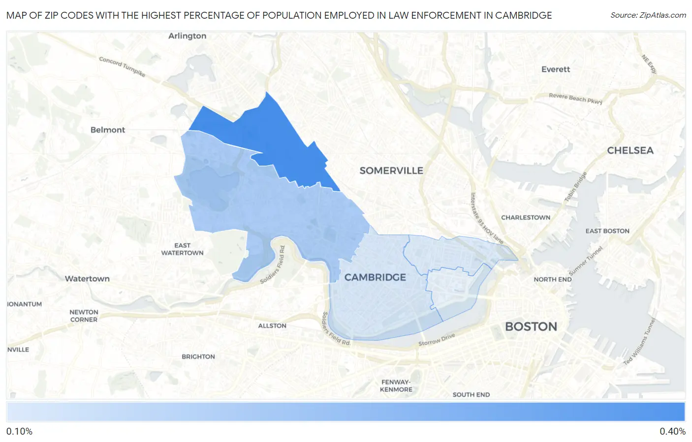 Zip Codes with the Highest Percentage of Population Employed in Law Enforcement in Cambridge Map