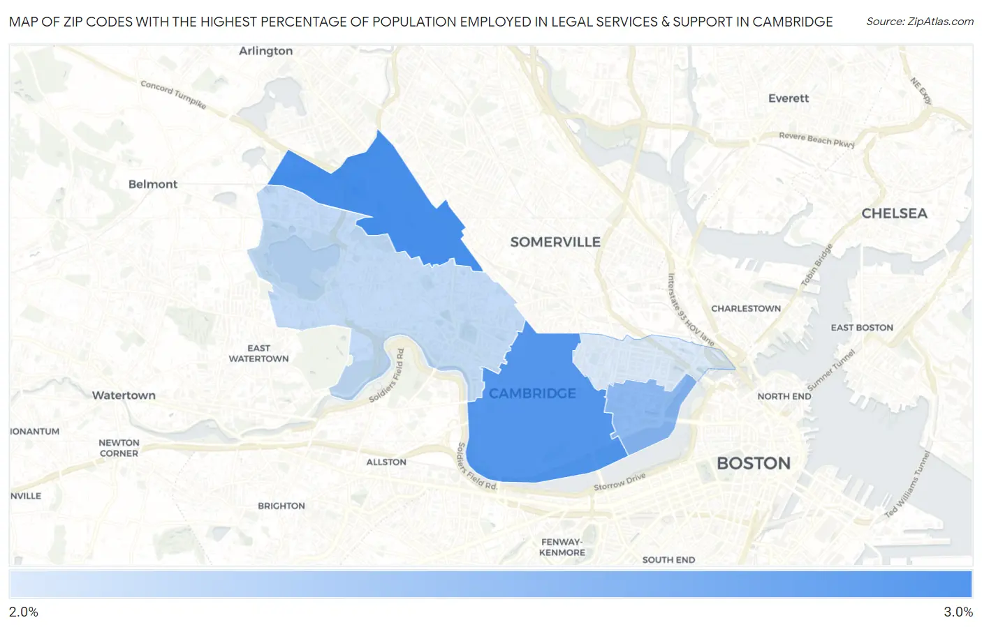 Zip Codes with the Highest Percentage of Population Employed in Legal Services & Support in Cambridge Map