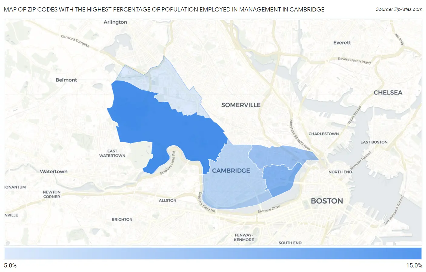 Zip Codes with the Highest Percentage of Population Employed in Management in Cambridge Map